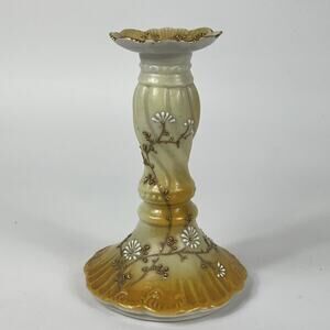 Antique Candlestick Candle Holder Yellow Brown White Daisy Hand Painted Gold
